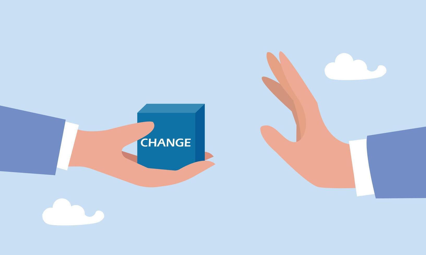 Businessman hand denied or refuse to get change cube box, status quo bias, fear or refuse to change, comfort zone or conservative thinking, afraid of changing risk or resist to make decision concept vector