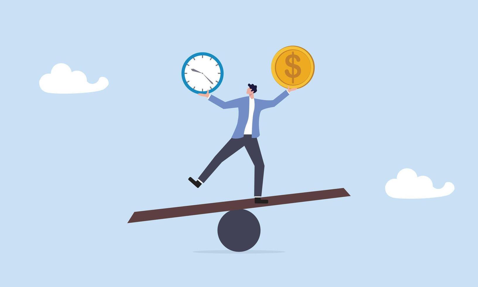 Time and money balance, weight between work and life, long term investment or savings, control or make decision concept, cheerful businessman balance between time clock and dollar money on seesaw. vector