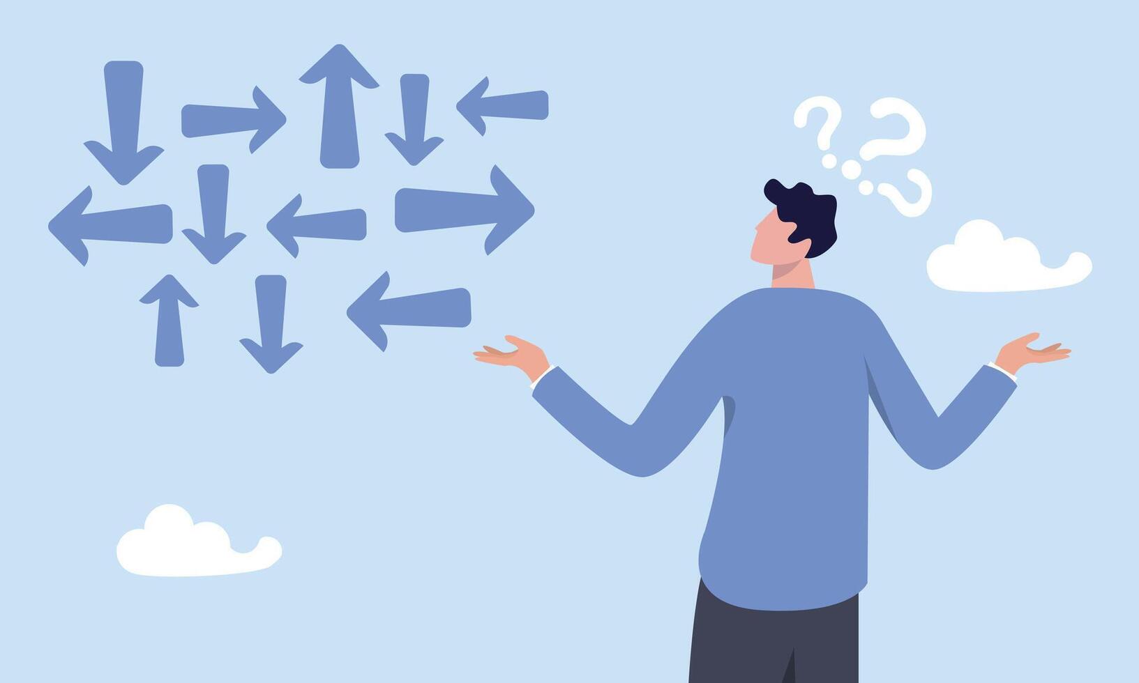 Confused frustrated businessman look at direction arrows with question marks, confusion, frustration or decision making, mess, dilemma or complicated problem, lack of understanding, uncertain concept vector