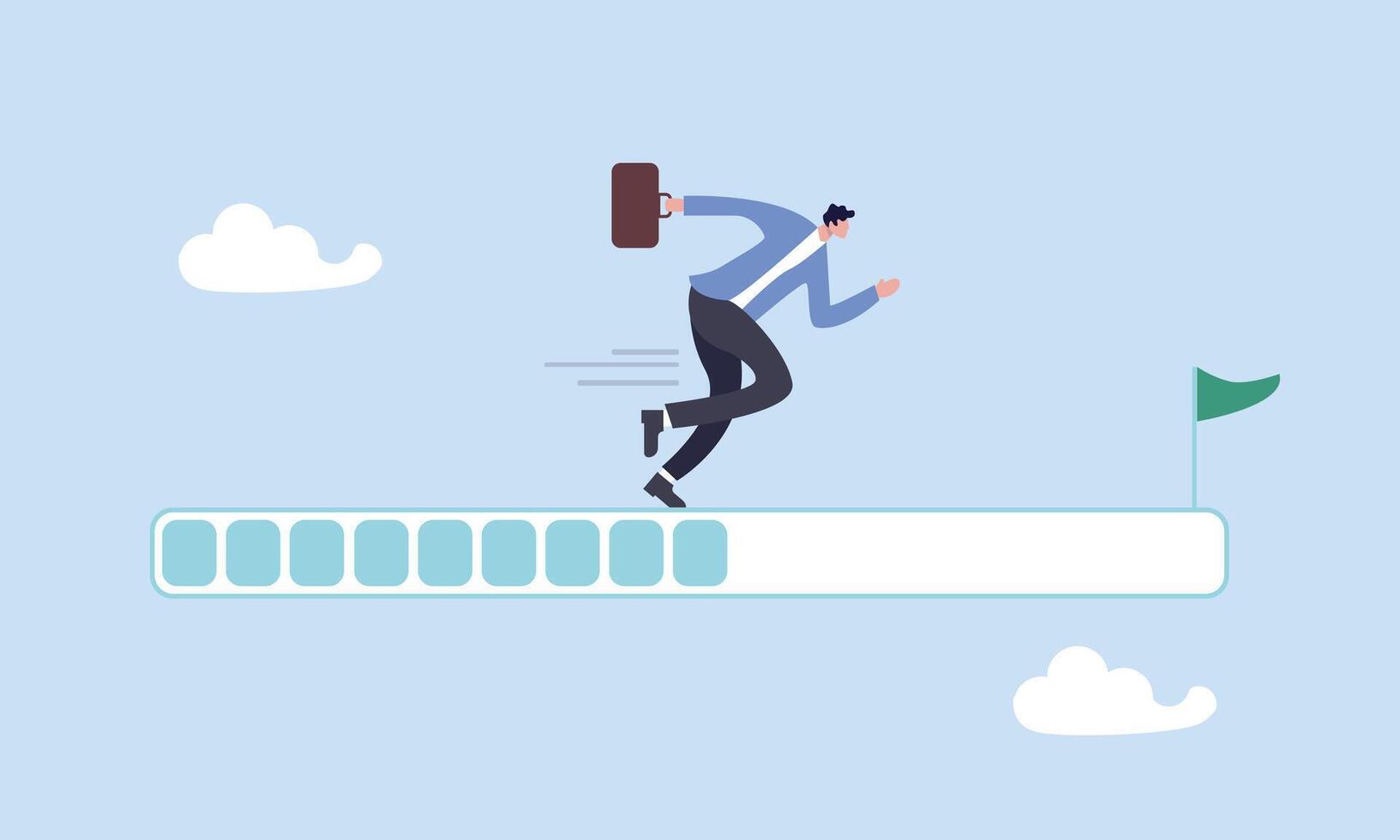 Progress or journey to success or achieve goal, business step or career path, improvement concept, mission or challenge to succeed, ambitious businessman run on progress bar to achieve success flag. vector