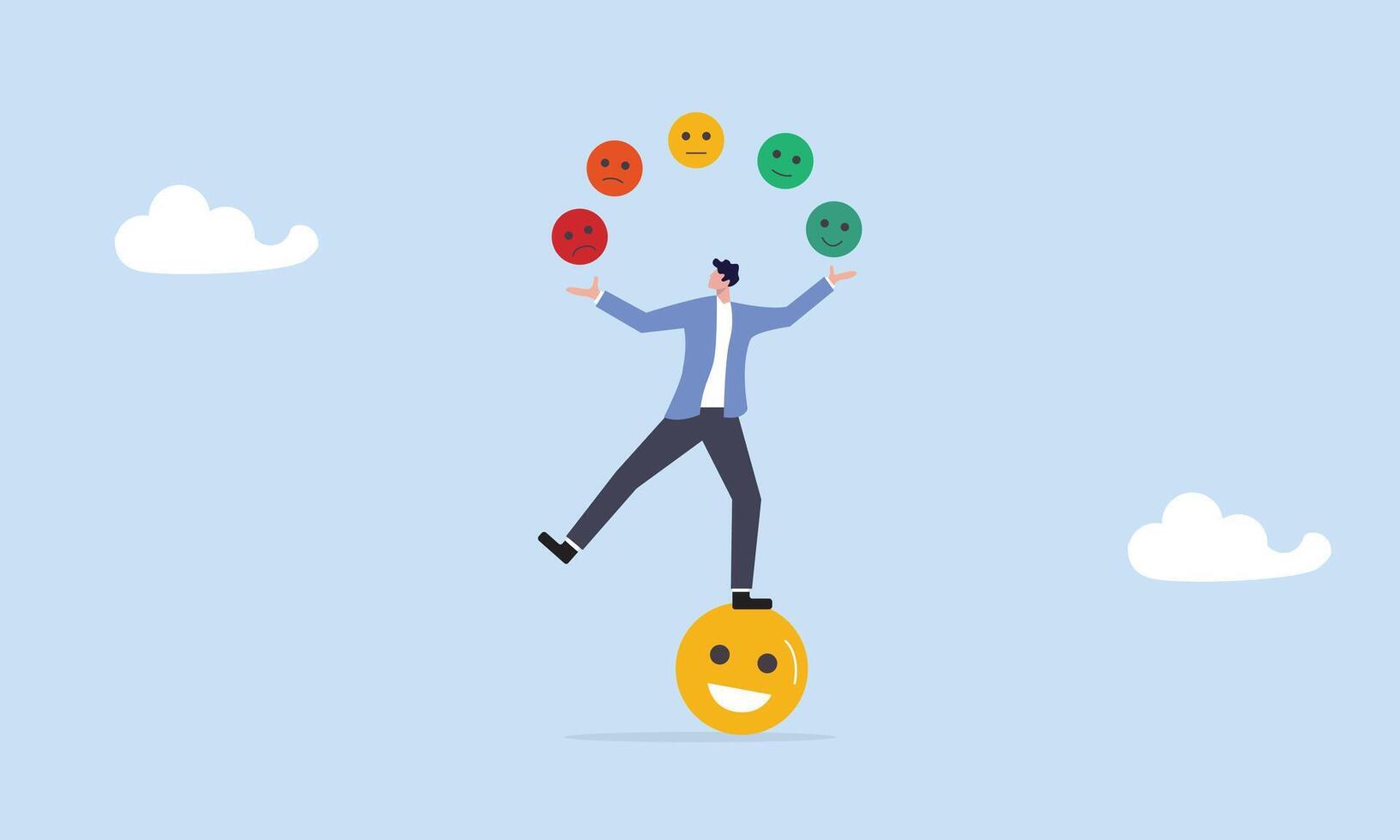Emotional intelligence, control feeling or emotion, psychology to be success or balance of anxiety and happiness concept, cheerful man balance on smiling face juggling expression emotional faces. vector