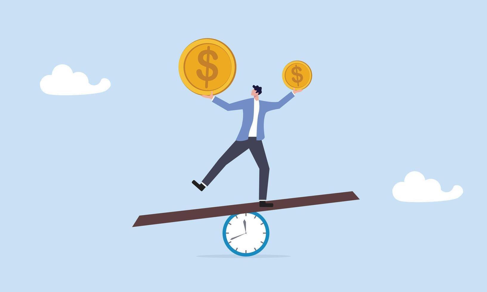 Time value of money, inflation or earning cost, sum of money worth more now at present time than future, value depend on time, businessman investor holding money big and small coin on clock seesaw. vector