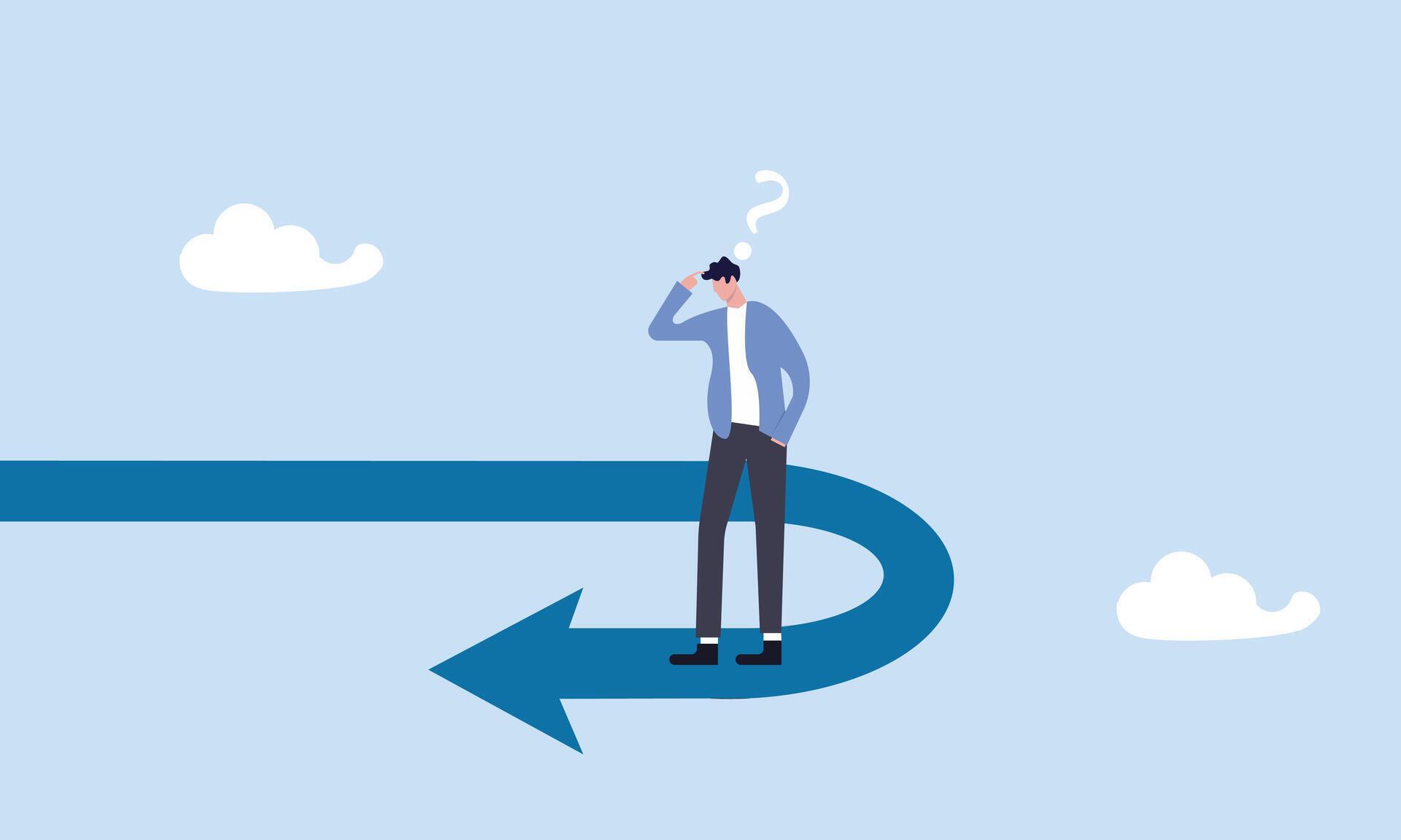 Business turning point, frustrated businessman investor looking at his reverse direction pathway