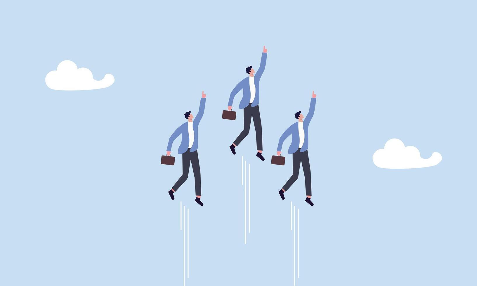 Professional people to help business success, teamwork or unity, super power to grow business fast, strength or team support concept, business people team members flying high up in the sky. vector