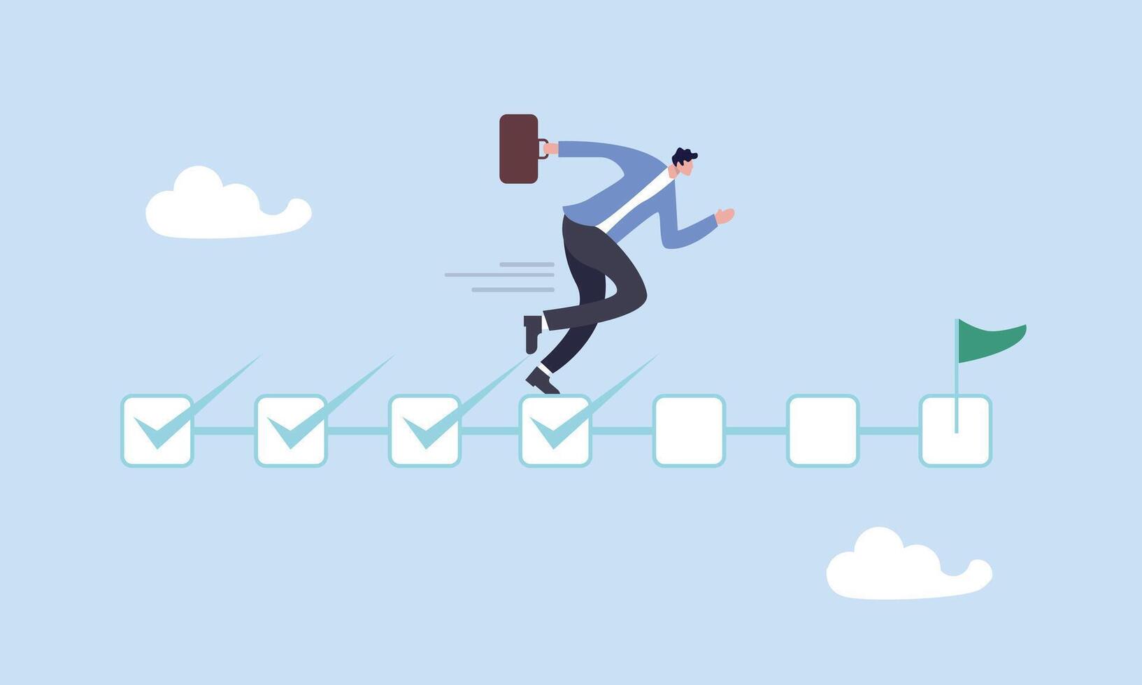 Businessman project manager running on completed checkbox to reach goal, project management, task tracking or work progress, tracking finish or completed tasks, planning or productivity concept. vector