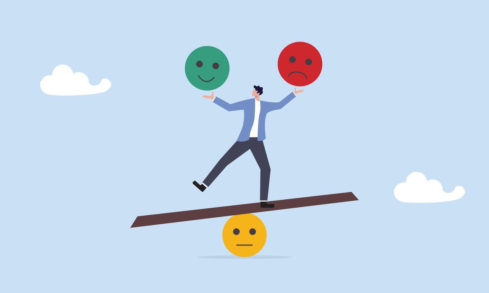 Emotional intelligence, balance emotion control feeling between work stressed or sadness and happy lifestyle concept, mindful calm man using her hand to balance smile and sad face. vector