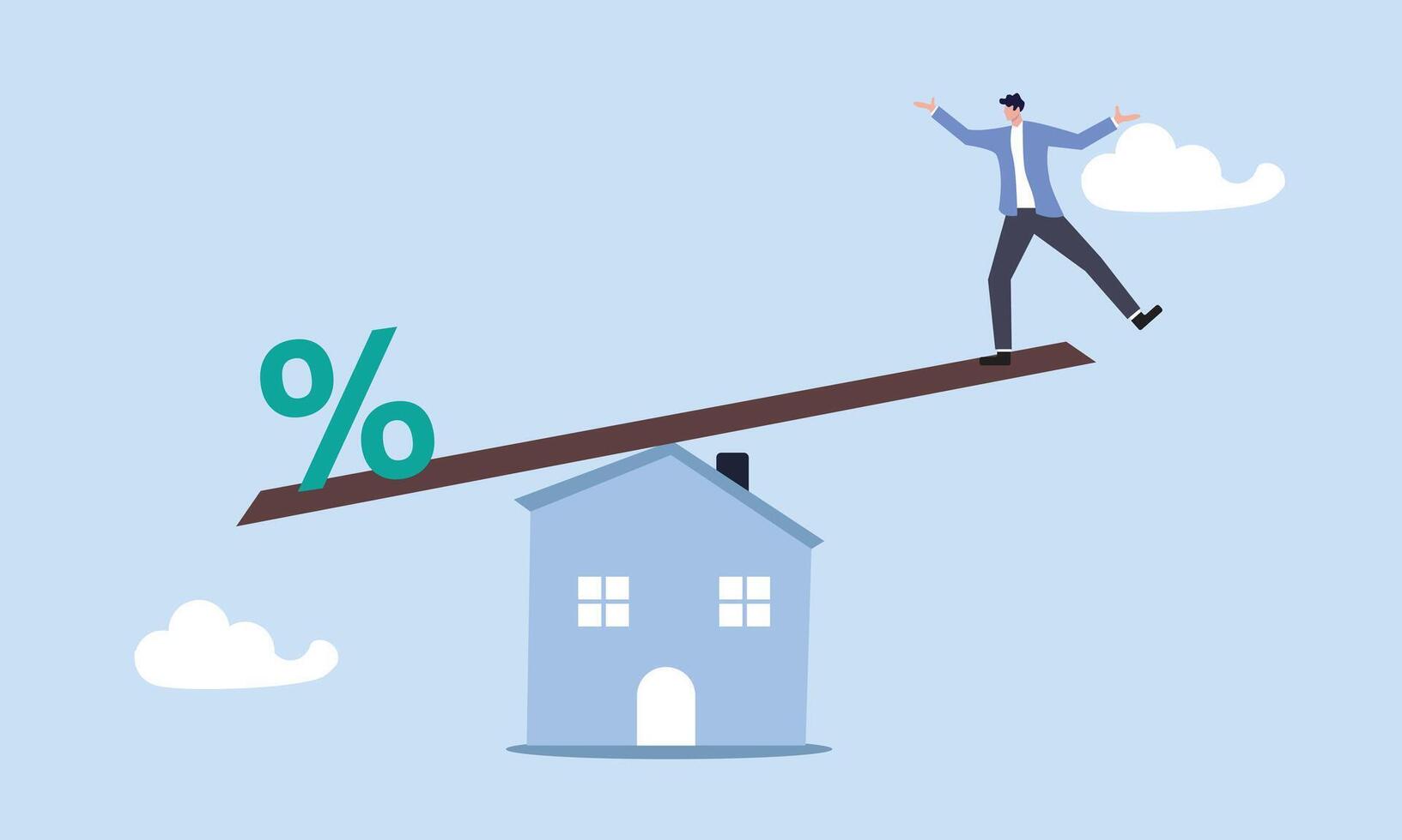 Businessman trying to balance with mortgage interest rate percentage on the house, mortgage payment, house loan interest rate or balance between income and debt or loan payment, financial risk concept vector