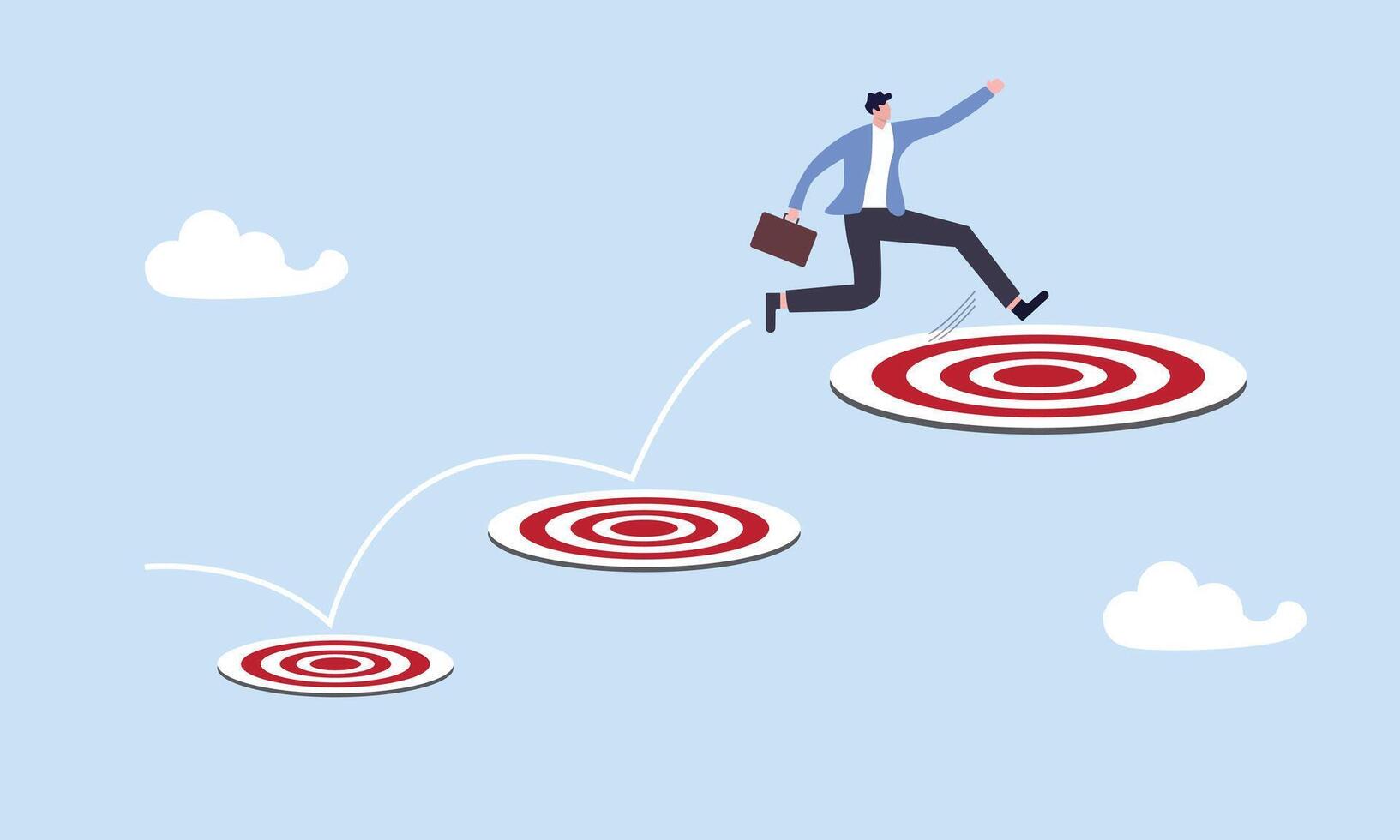 Smart businessman jumping on bigger and higher archery bull's eye target, aspiration and motivation to achieve bigger business target, advancement in career or business growth concept. vector