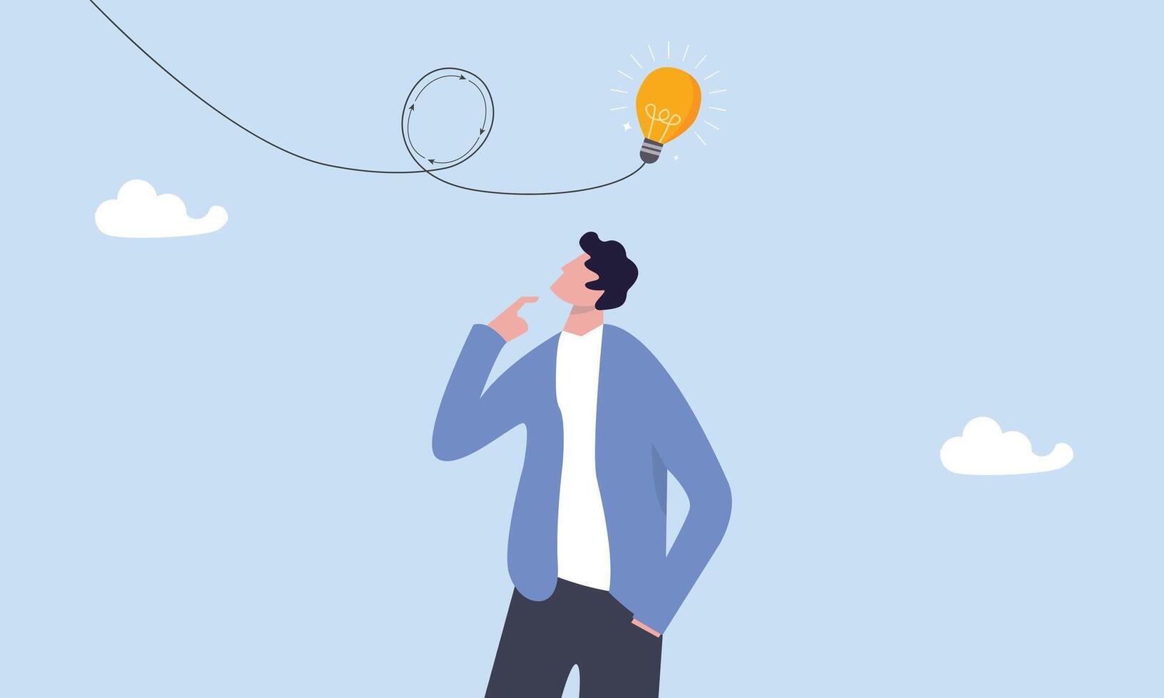Rethink or think again to make change for better result, innovation idea to disruption concept,  thinking new way to solve problem or make decisions, smart businessman rethink with lightbulb idea. vector