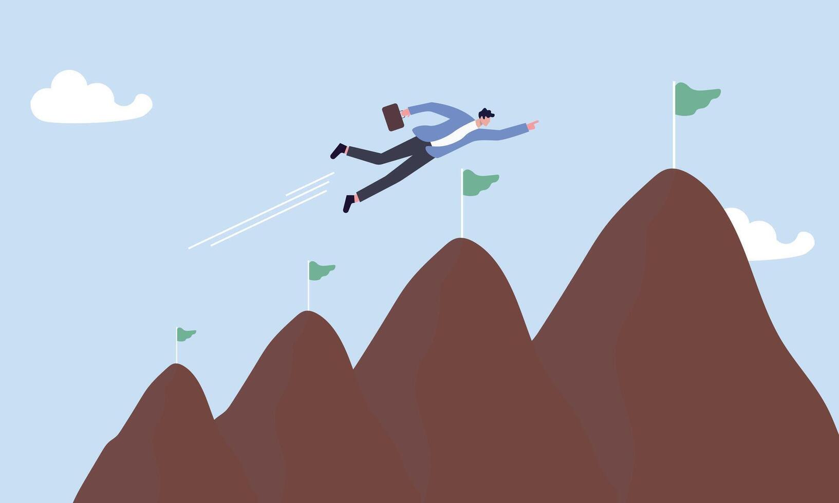 Challenge to achieve success milestone, goal or business target, winning mission or career development, growth or progress journey, aspiration concept, businessman fly to mountain summit. vector