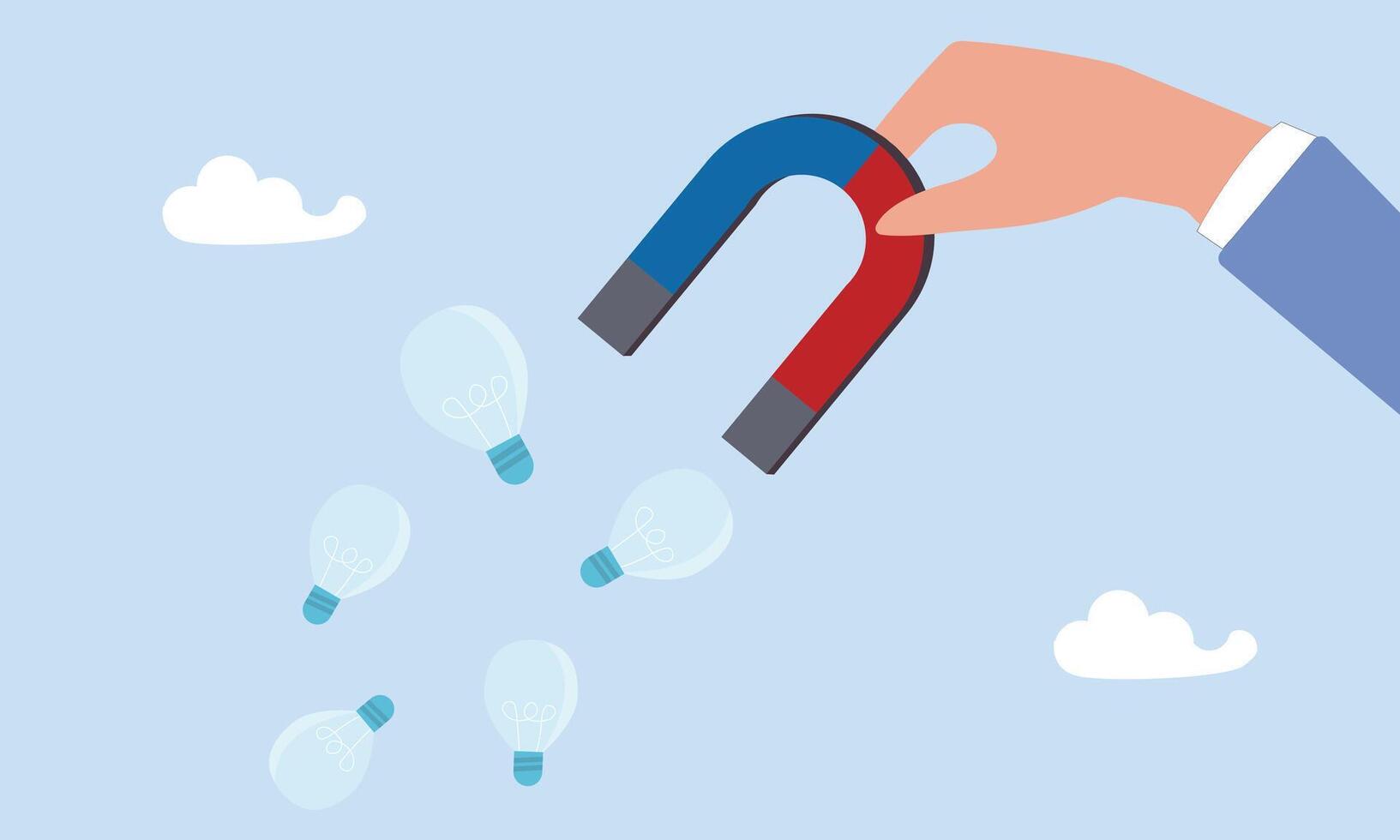 Businessman hand holding magnet to magnetize or draw lightbulb lamp ideas, imagination to create new ideas, creativity or innovation for new business concept. vector