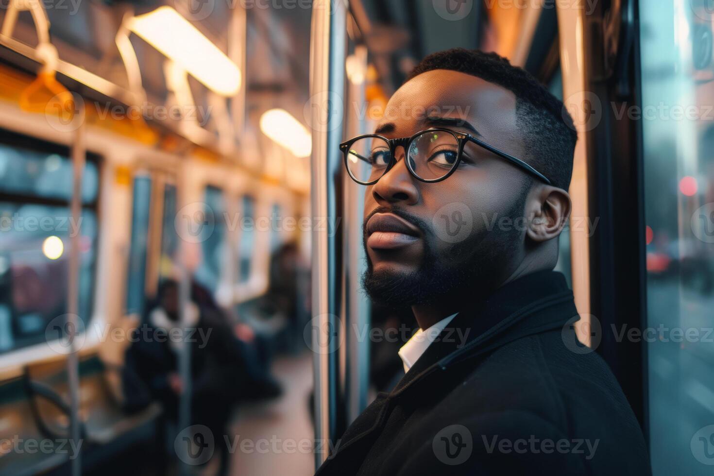 ai generado negro negocio hombre paseos autobús a trabajo foto