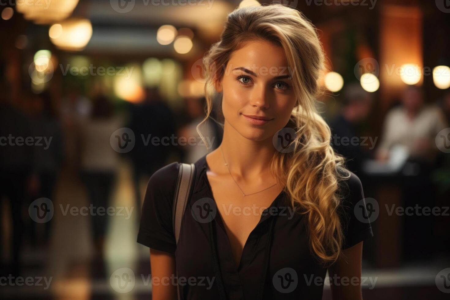 AI generated Elegant Woman in Luxurious Hotel Lobby at Evening photo