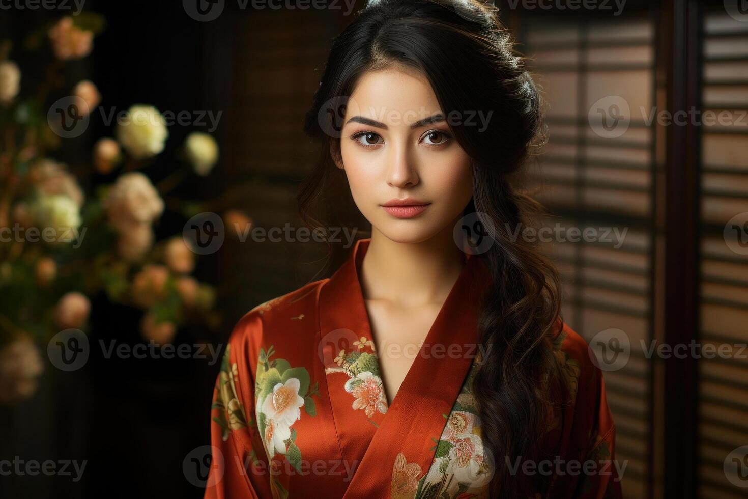 AI generated Elegant Asian Woman Wearing Traditional Japanese Kimono Indoors photo