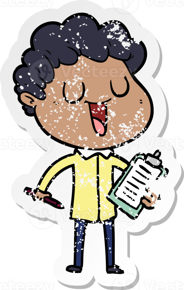 distressed sticker of a laughing cartoon man with clipboard and pen png