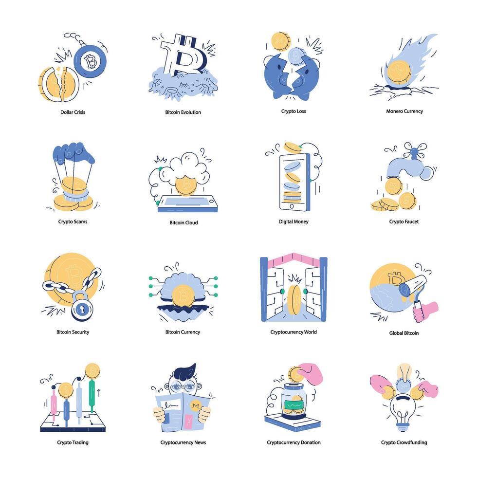 Bundle of Crypto Market Doodle Mini Illustrations vector