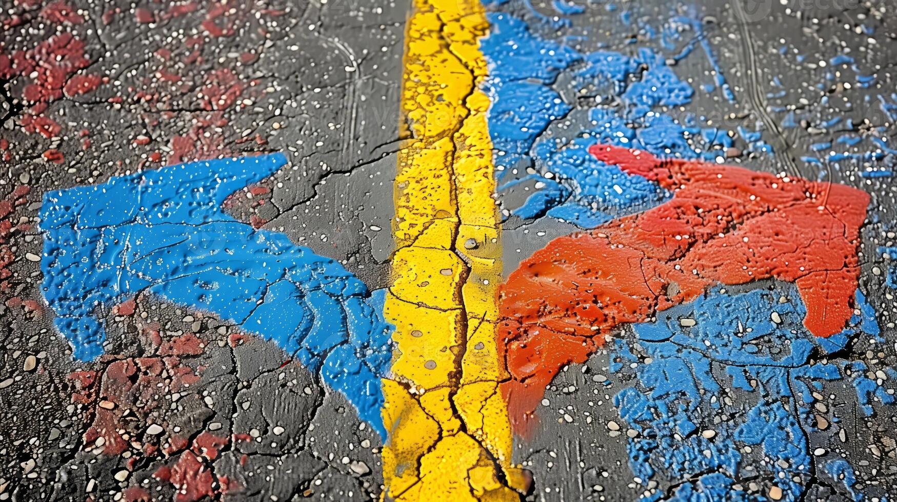 AI generated Colorful arrows on wet asphalt pointing in opposite directions photo