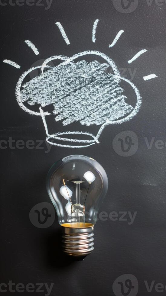 AI generated Light bulb with chaotic chalk thought cloud on blackboard photo