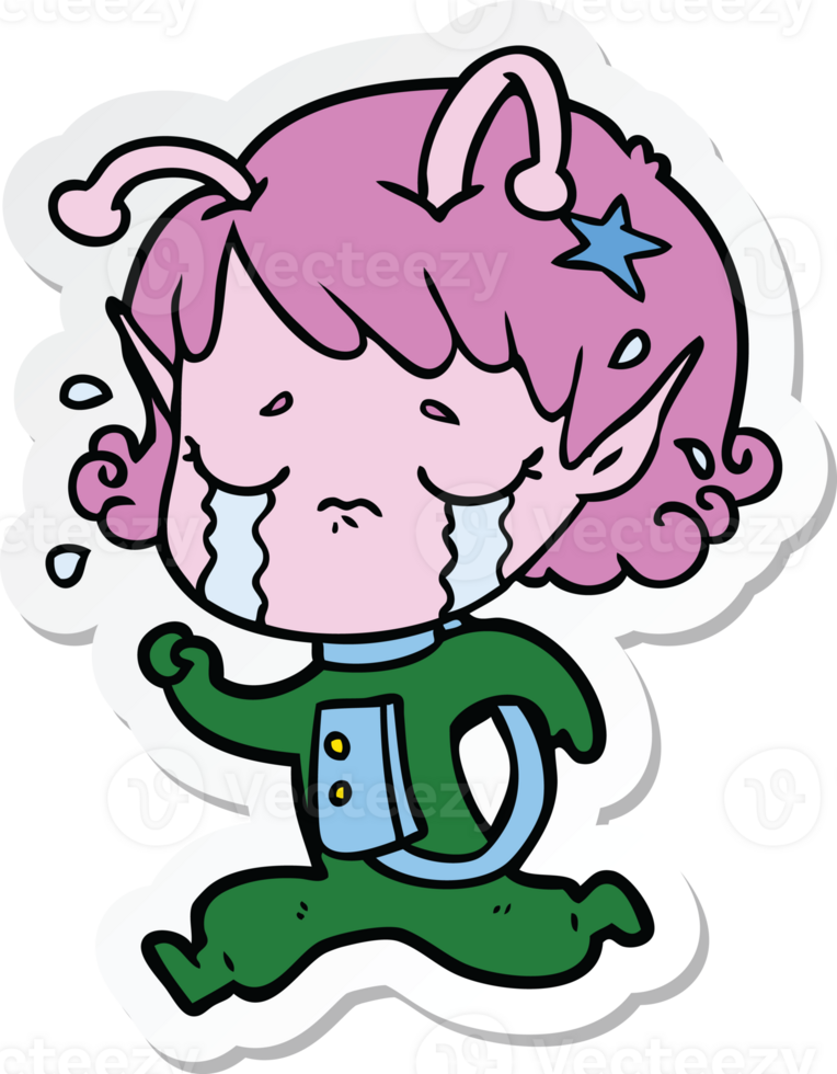 sticker of a cartoon crying alien girl png