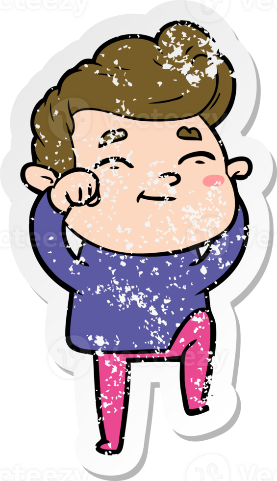 distressed sticker of a happy cartoon man png