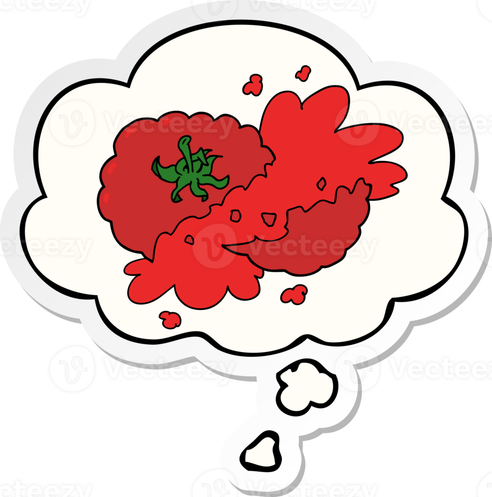 cartoon squashed tomato and thought bubble as a printed sticker png