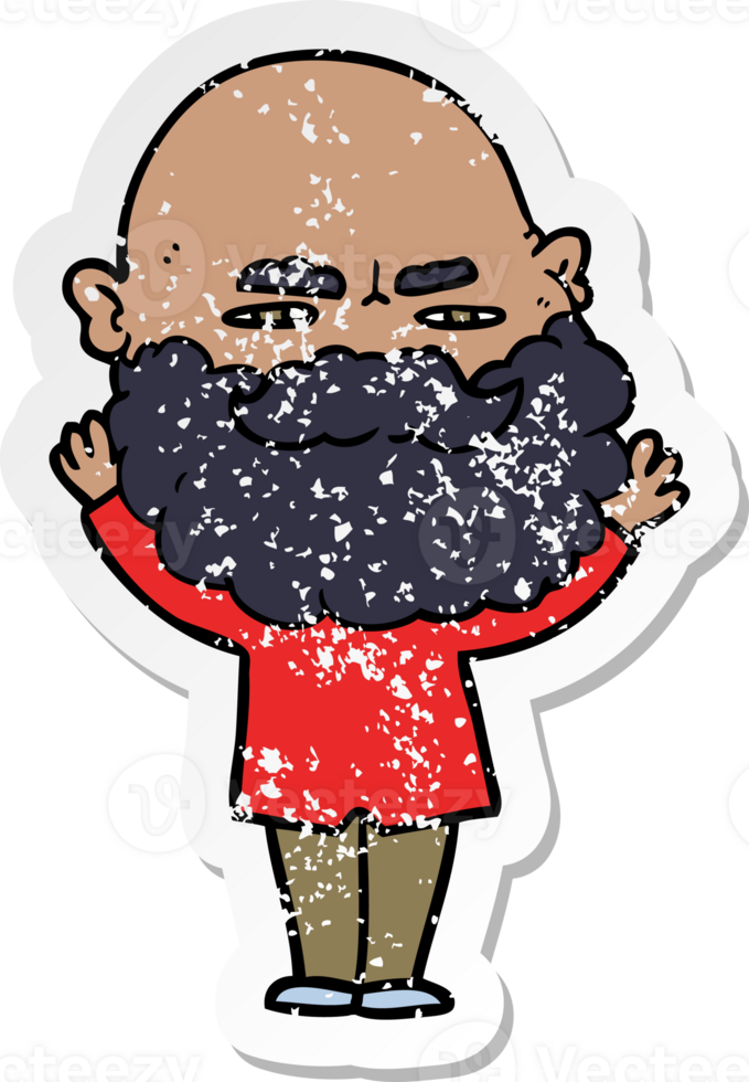 distressed sticker of a cartoon man with beard frowning png