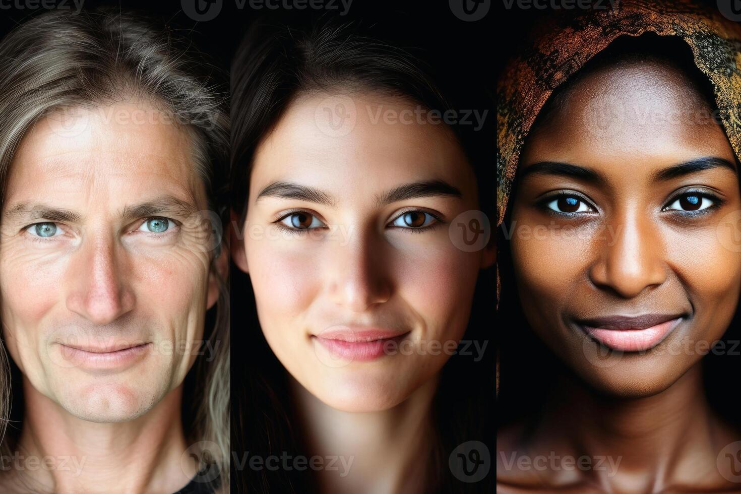 AI generated A collage of different faces of the different ethnicities. AI generated photo