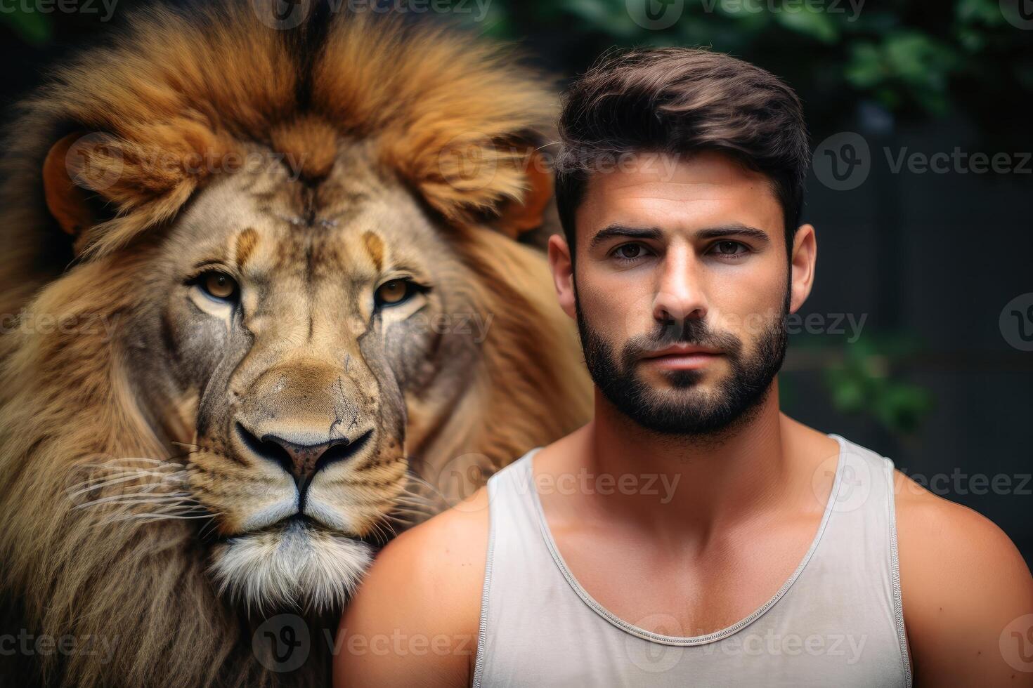 AI generated A male lion and a male human portrait. AI generated photo