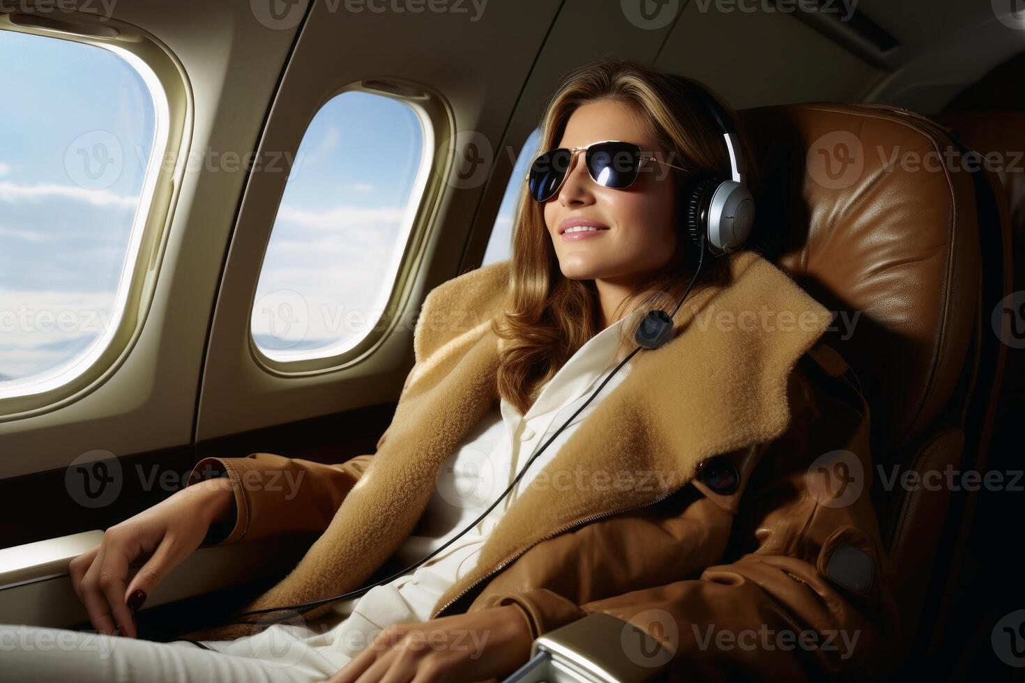 AI generated A passenger in the first class of an aircraft. AI generated photo