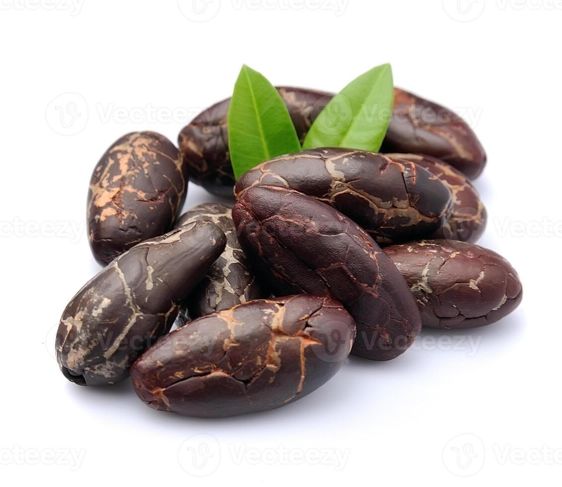 Cacao beans with leaves photo