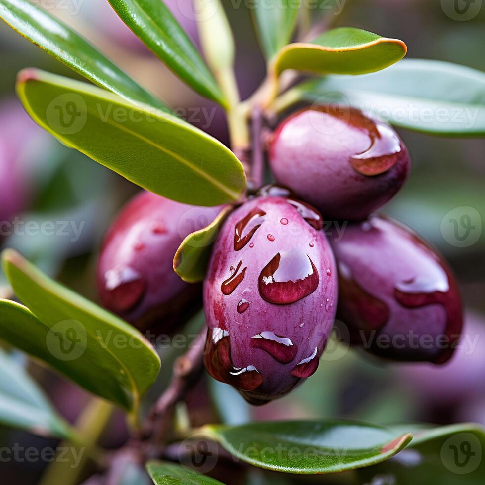 AI generated Olives on twig close up on white backgrounds photo