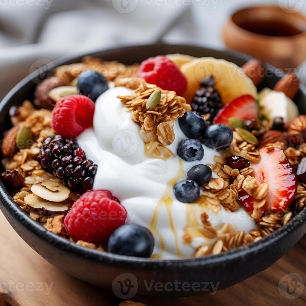 AI generated Granola with yogurt and berries in a plate closeup. photo