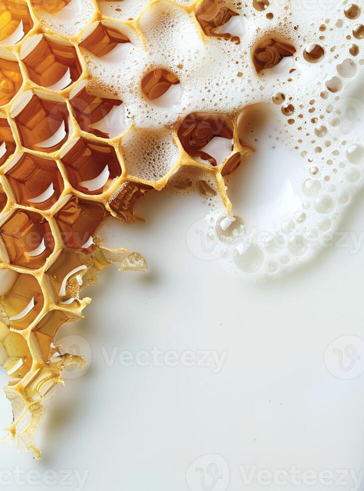 AI generated Backgrounds of honeycobm with milk closeup. photo