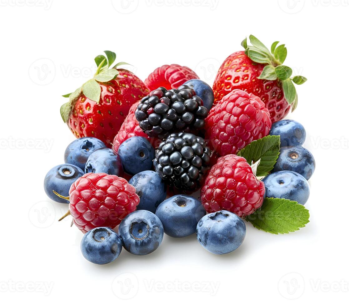 AI generated Assort berries on white backgrounds photo