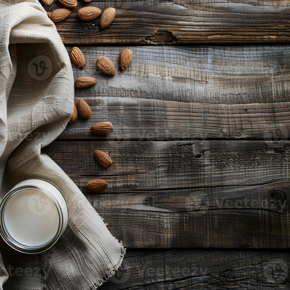 AI generated Almonds milk on wooden backgrounds. photo