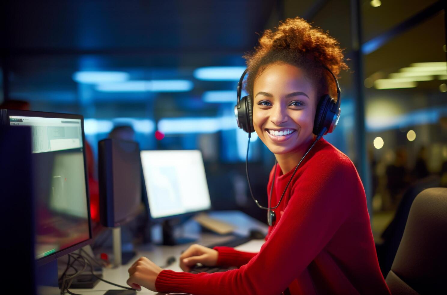 AI generated Contact center worker smiling at the computer photo