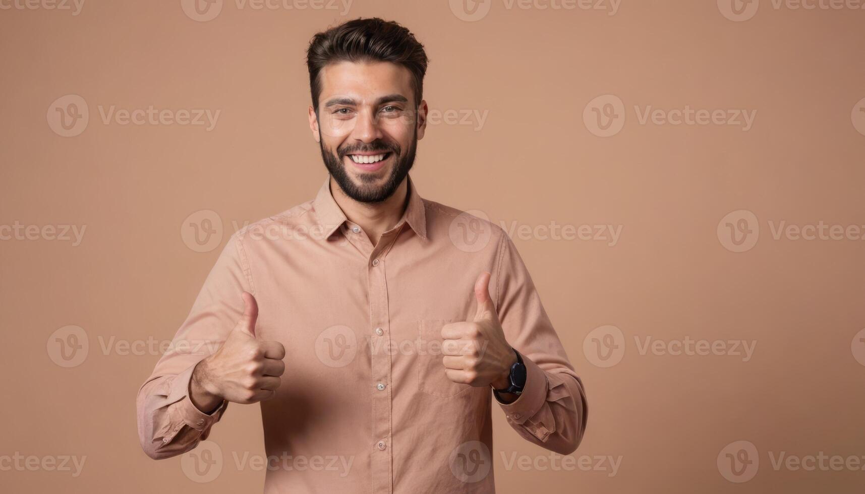 AI Generated A bearded man in a button-up shirt shows double thumbs up with a big grin, indicating success and happiness. photo