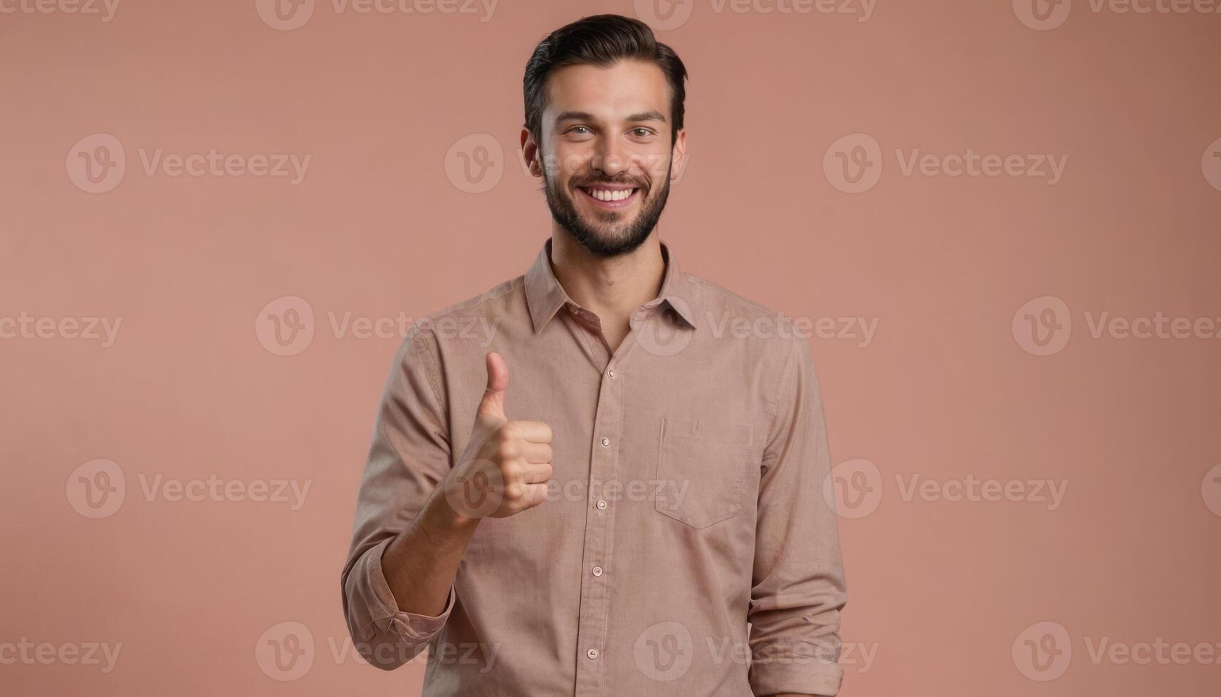 AI Generated A man with a stubble beard and a pleasant expression is giving a thumbs up, dressed casually in a light brown shirt. photo