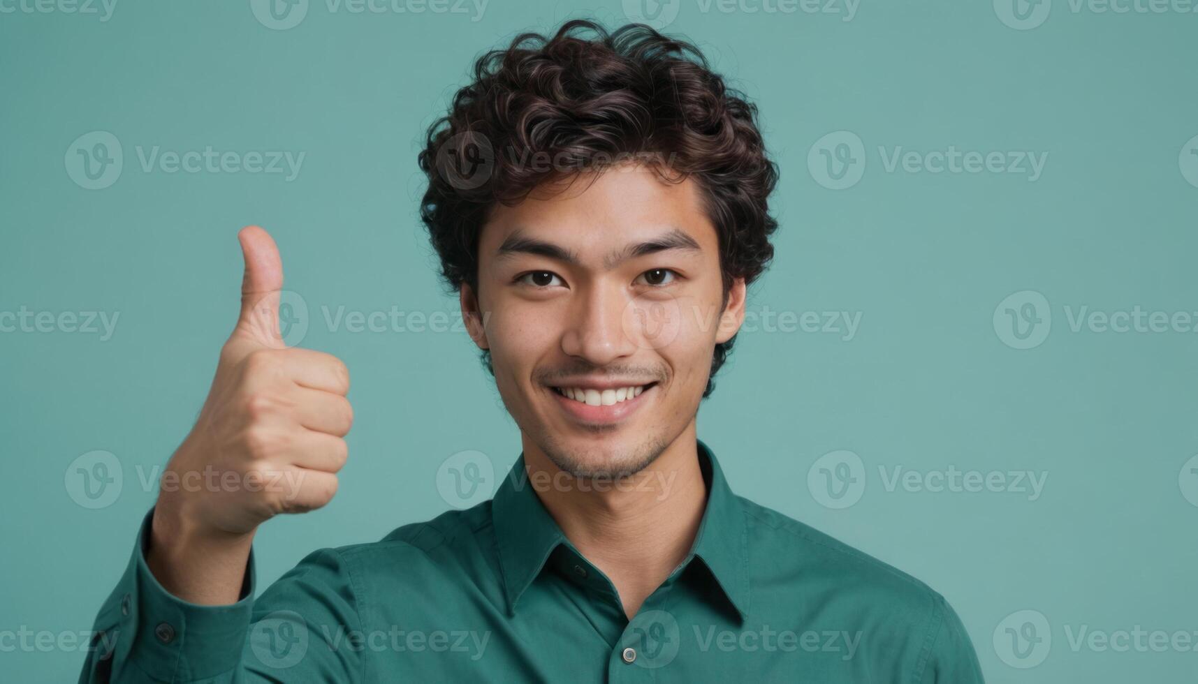 AI Generated A charming young man with curly hair and a teal shirt gives a thumbs up, his friendly demeanor shines through. photo