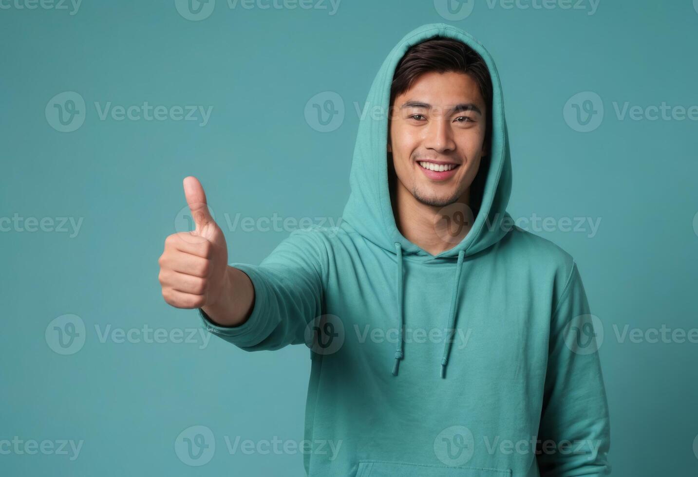 AI Generated A cheerful young man wearing a turquoise hoodie gestures a thumbs up, his bright expression evoking friendliness and enthusiasm. photo