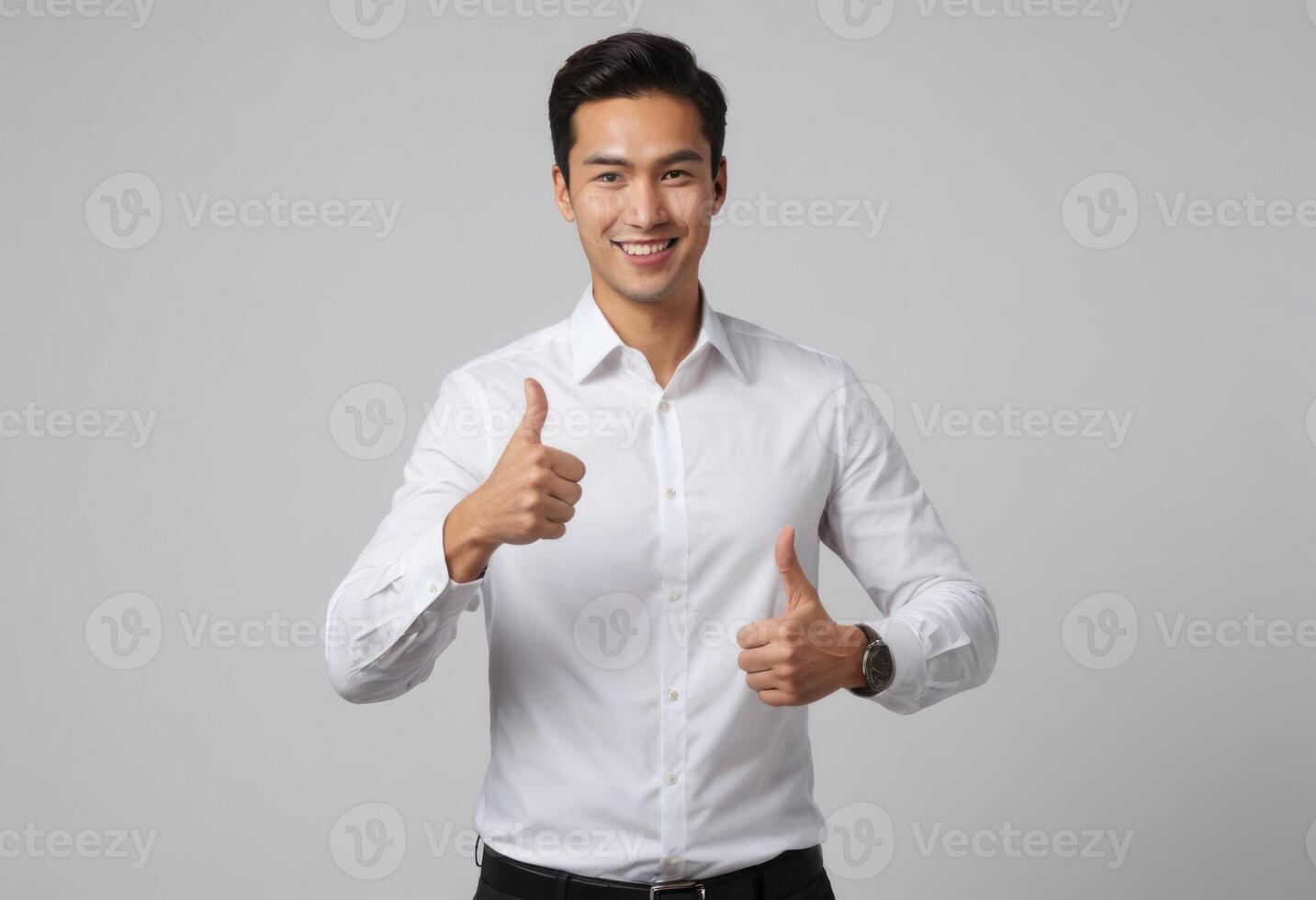 ai generado un hombre en un crujiente blanco camisa con un simpático pulgares arriba, sugerencia profesionalismo y positividad foto