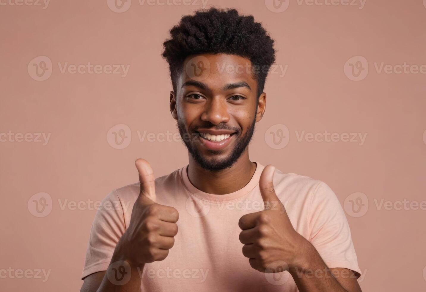 AI Generated A man with a cheerful smile and double thumbs up wearing a peach-colored t-shirt. photo