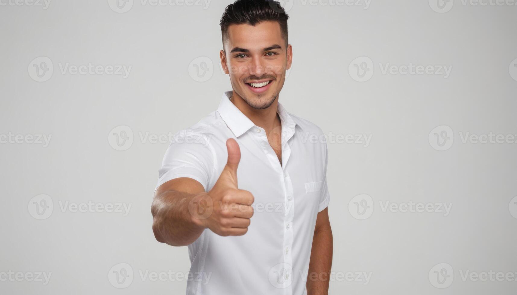 AI Generated A friendly-looking man in a crisp white polo shirt gives a thumbs up, his gesture indicating approval and a welcoming demeanor. photo