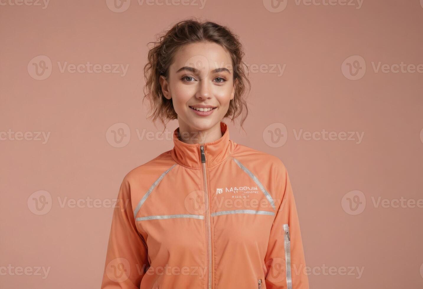AI Generated Sporty and cheerful, a young woman in an orange windbreaker jacket smiles, standing confidently. photo
