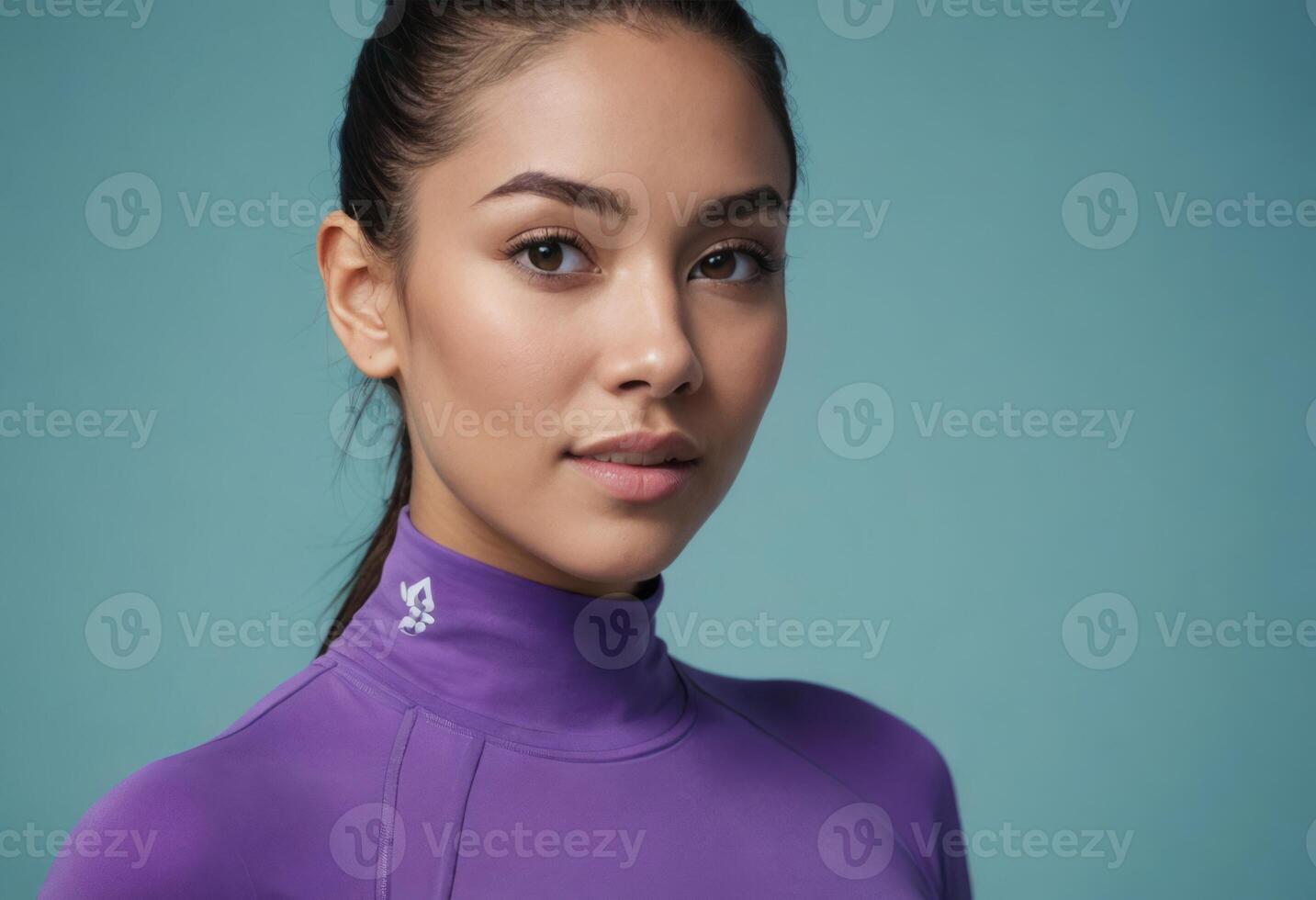 AI Generated A calm woman with a serene expression wears a purple turtleneck. photo