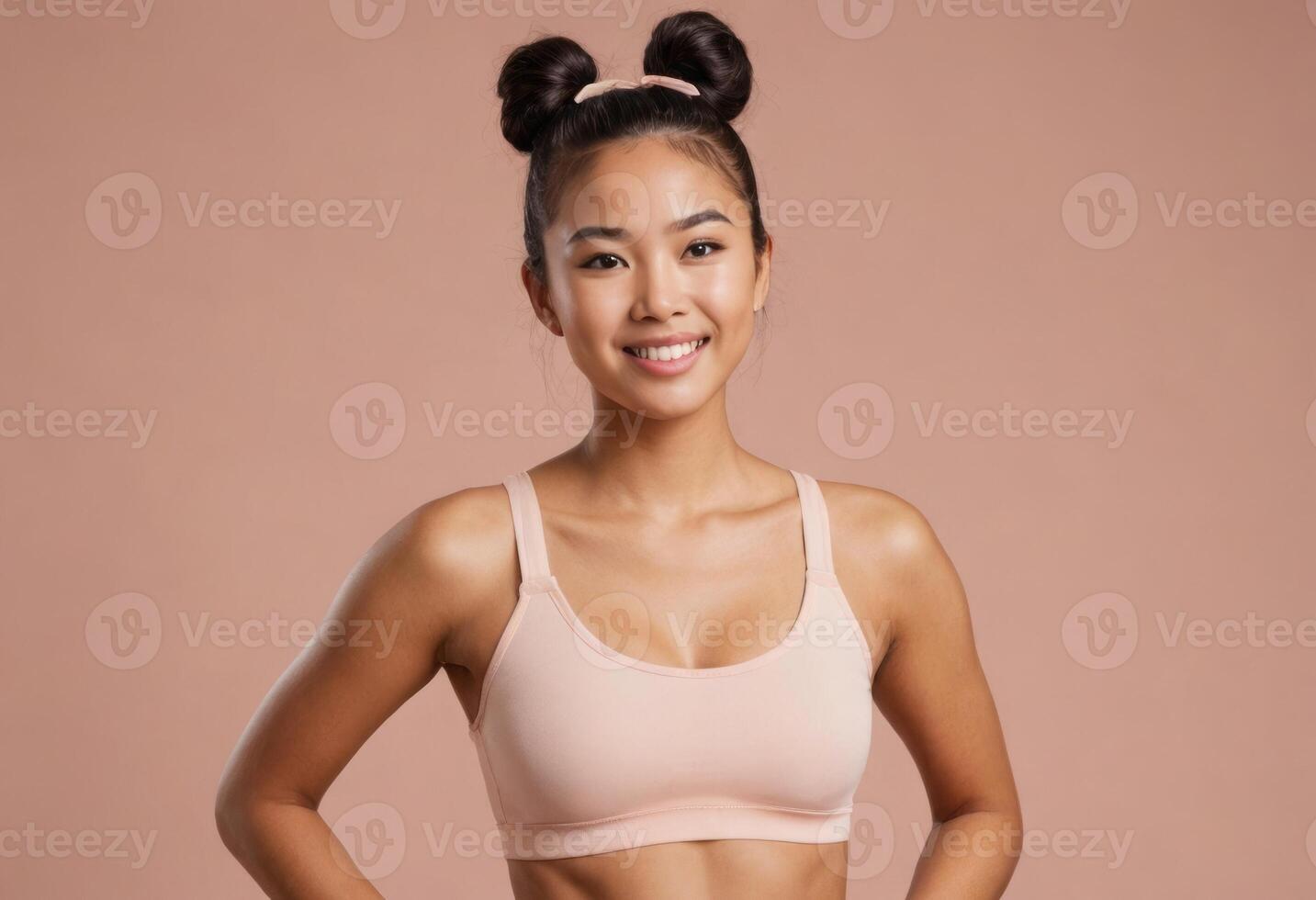 AI Generated A fit young woman stands in a sports bra, ready for a workout. Her hair is styled in double buns, adding a playful touch to her active look. photo