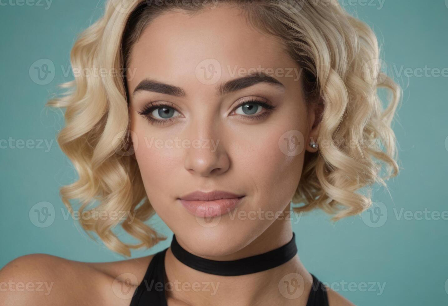 AI Generated An elegant woman with short blonde hair and a subtle smile, looking chic. photo