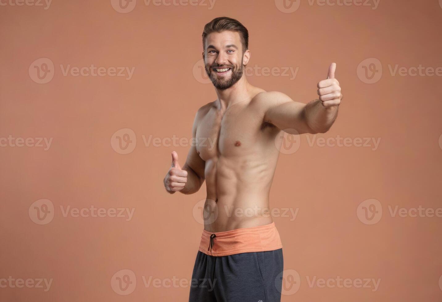 AI Generated An athletic man in workout shorts gives a double thumbs up. photo