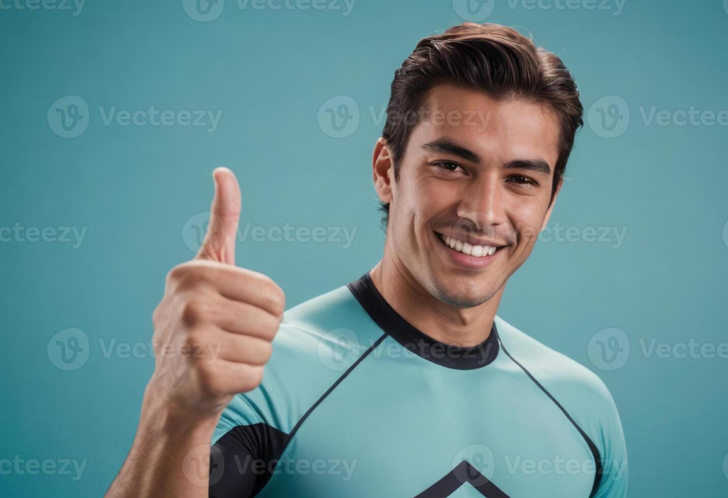 AI Generated A surfer in a wetsuit gives a thumbs up, his grin showing excitement. photo