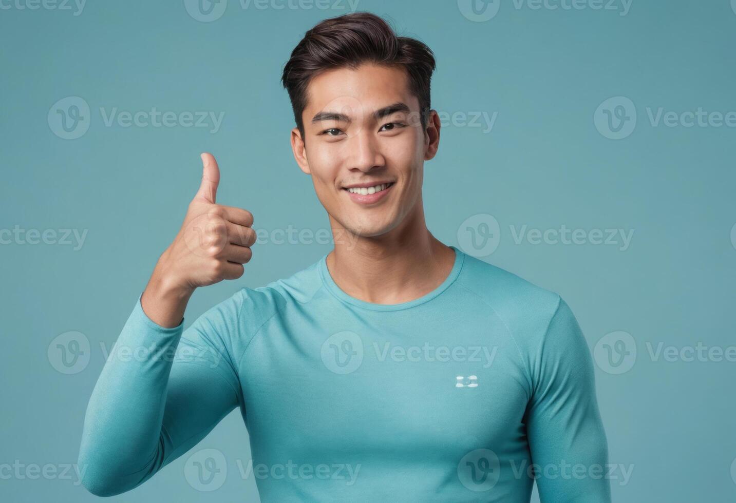 AI Generated A confident athlete in a teal long-sleeve shirt gives a thumbs up, radiating health and wellness. photo